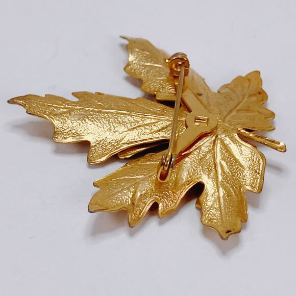 Vintage Gold Tone Maple Leaf Brooch Green Enamel Mid Century Autumn Fall Jewelry - Picture 10 of 11